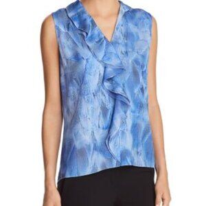 Elie Tahari Adreena Silk Asymmetric Ruffle Blouse Light Blue Feather Print M